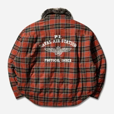 Red Protocol-Index Fur Collar Flannel Check Shirt Jacket Back