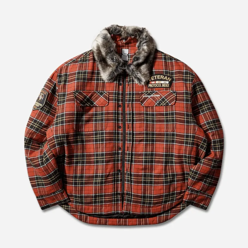 Red Protocol-Index Fur Collar Flannel Check Shirt Jacket