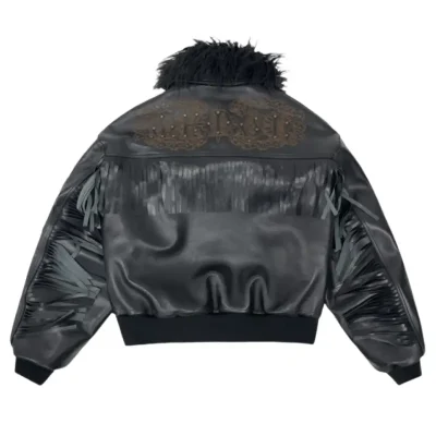 Black PROJECT G/R x MFM333 FM Leather Detachable Fur Fringe Bomber Jacket Back