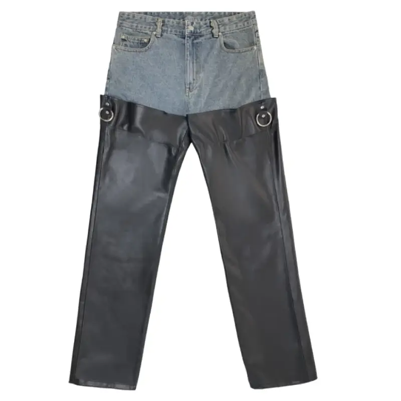 Blue Project G/R Black Leather Layered Denim Pants